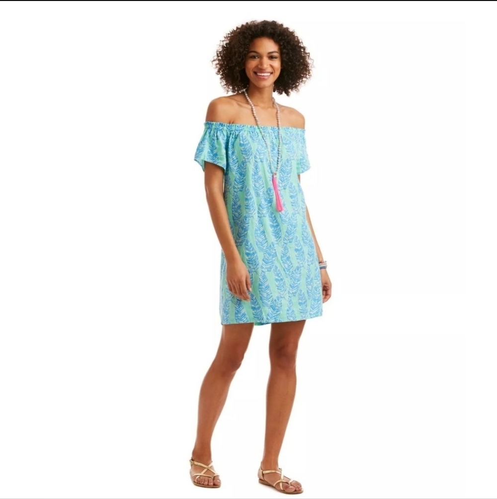 Vineyard Vines linen rayon green blue leaves tropical off shoulder mini dress XS